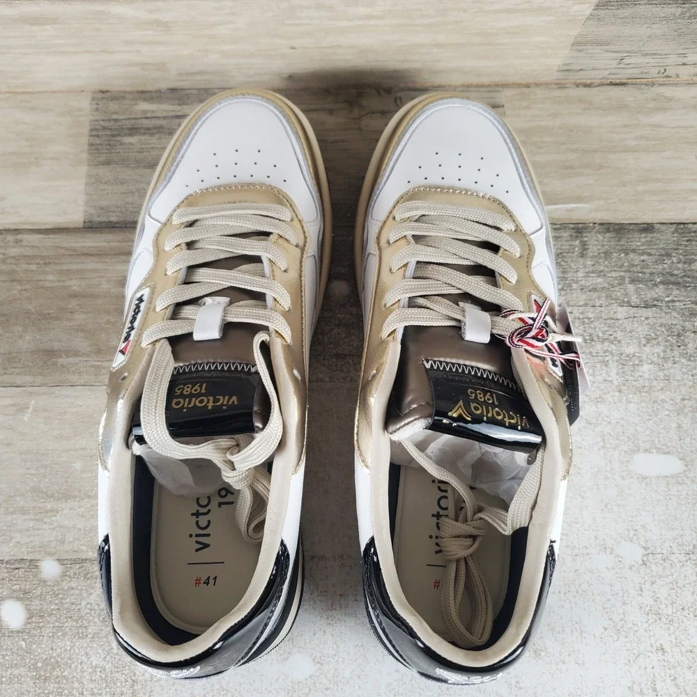 Victoria Womens C80 Shoes Sz 10.5 Running White Metallic Gold Leather Sneaker